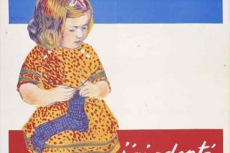 Affiche représentant une fillette tricotant une chaussette devant un drapeau tricolore