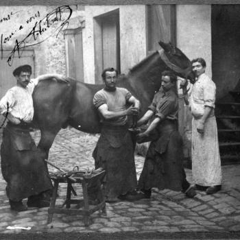 Quatre hommes posent dans des tenues de maréchaux, l'un est accoudé sur la croupe du cheval, l'un tient le cheval en longe et les deux autres tiennent le pied du cheval