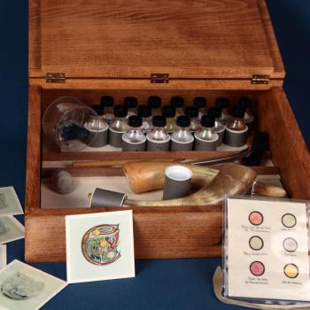 Vue du lutrin contenant des cornes et des échantillons de pigments