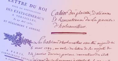 Vue de la page de la convocation des états-généraux par Louis XVI et de la première page du cahier de doléances d'herbeauvilliers