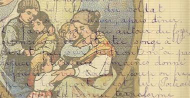 Illustration d'une famille enlacée avec en filigrane une rédaction sur les soldats