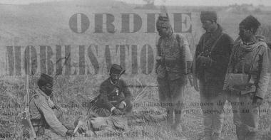 Soldats marocains durant la bataille de la Marne, filigrane de l'affiche de Mobilisation, 1914