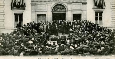 Remise de la Croix de Guerre à la ville de la Ferté-sous-Jouarre et aux communes de Reuil-en-Brie et d’Ussy-sur-Marne le 14 août 1921 (AD77, MDZ944)