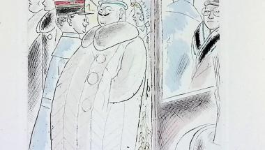 Dessin d'une foule avec au premier plan un homme vêtu d'un long manteau