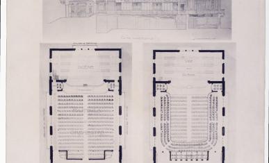 Estampe représentant la coupe et les plans du projet des architectes Duval et Robida lors du concours pour la construction du théâtre de Coulommiers.