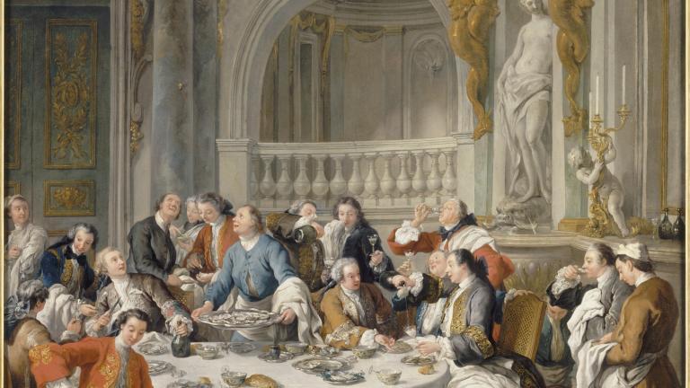 Tableau représentant des hommes vêtus à la mode du XVIIe siècle autour d'une grande table et au centre un personnage portant un plateau de  poisson