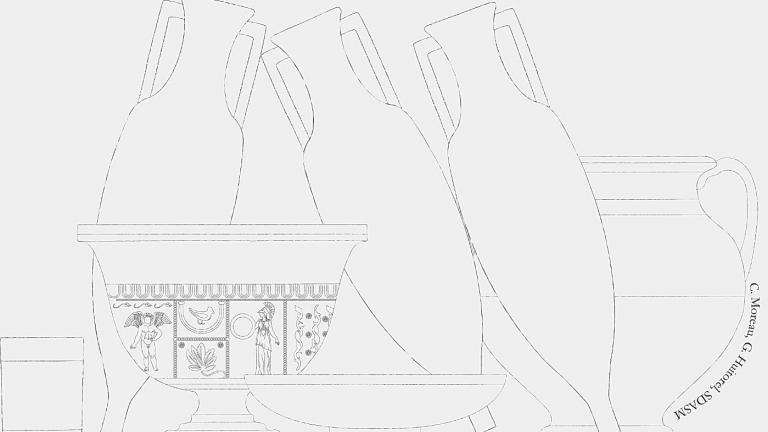 Dessins de trois amphores et de plusieurs récipients l'un est orné de motifs romains dont un figure la déesse Minerve