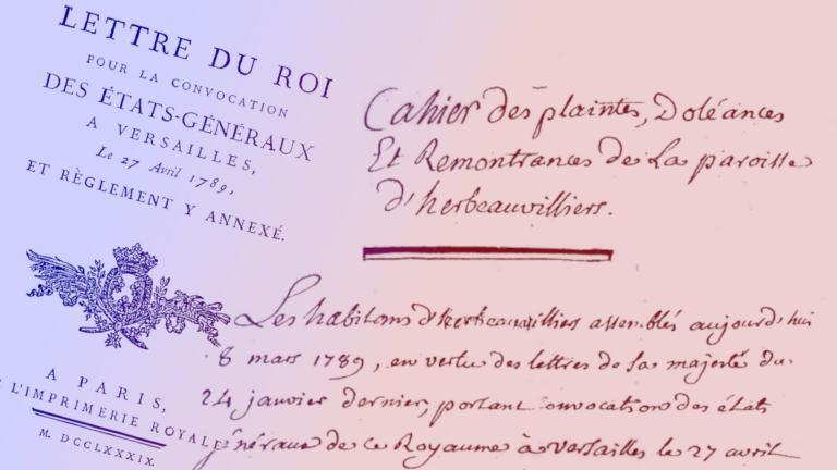 Vue de la page de la convocation des états-généraux par Louis XVI et de la première page du cahier de doléances d'herbeauvilliers