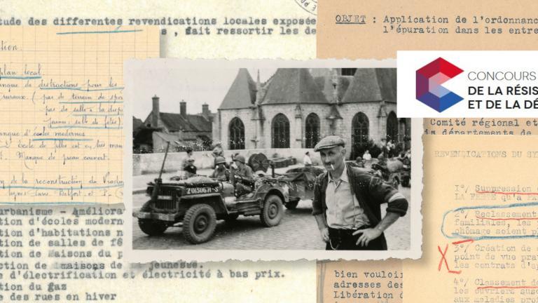 Photographie d'un FFI et des soldats américains à Nemours devant un ensemble de documents liés à l'épuration et la reconstruction