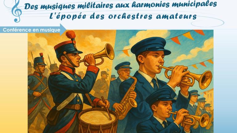 Image séparée en deux, d'un côté un conneur de clairon au milieu d'une troupe et de l'autre un orchestre en costume