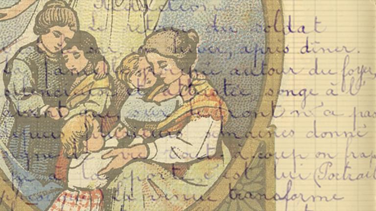Illustration d'une famille enlacée avec en filigrane une rédaction sur les soldats