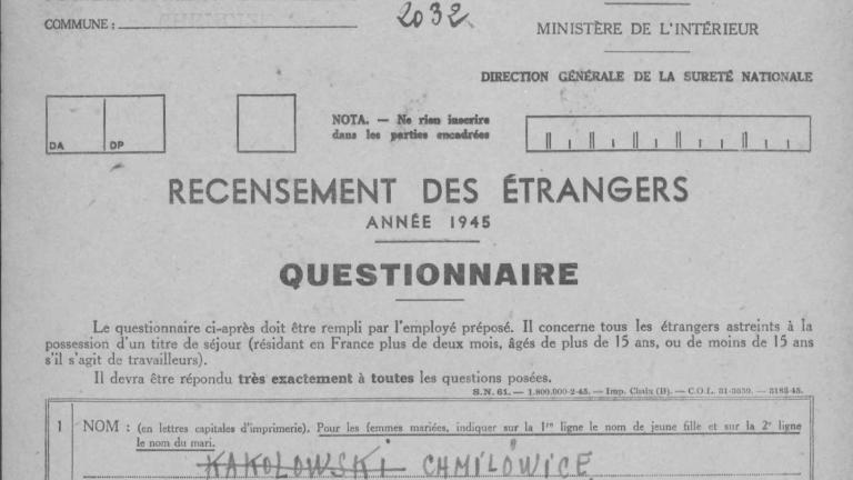 Fiche du recensement de population des étrangers de 1945 Chmielowiec / Kakoweski