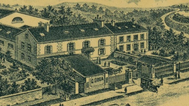 gravure représentant un ensemble de bâtiments de la fromagerie G.Goga qui existait à Avon
