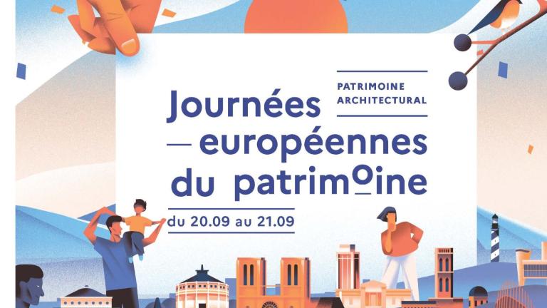affiche aux teintes roses et bleues, plusieurs monuments emblématiques de Paris, et personnages enjoués