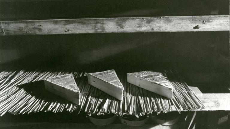 trois blocs de fromages disposés sur des clayons de paille