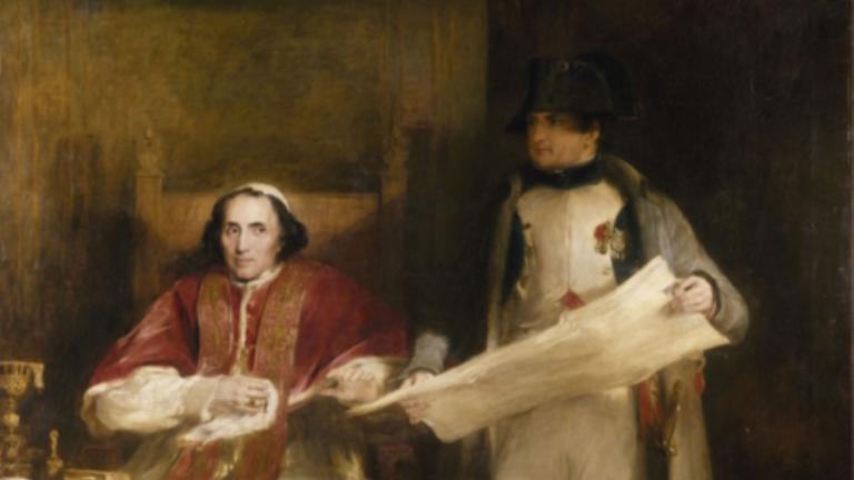 peinture de l'empereur Napoléon Ier debout tenant une carte et du Pape Pie VII assis à sa gauche