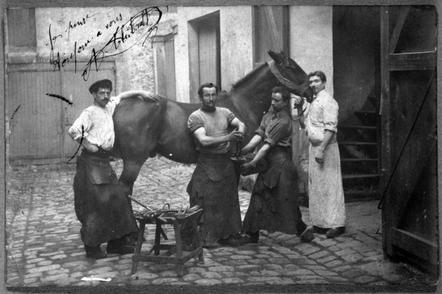 Quatre hommes posent dans des tenues de maréchaux, l'un est accoudé sur la croupe du cheval, l'un tient le cheval en longe et les deux autres tiennent le pied du cheval