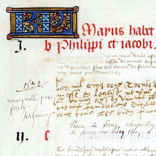 Vue d'un détail d'une page d'un manuscrit avec une lettrine et des écritures gothiques, cursifs